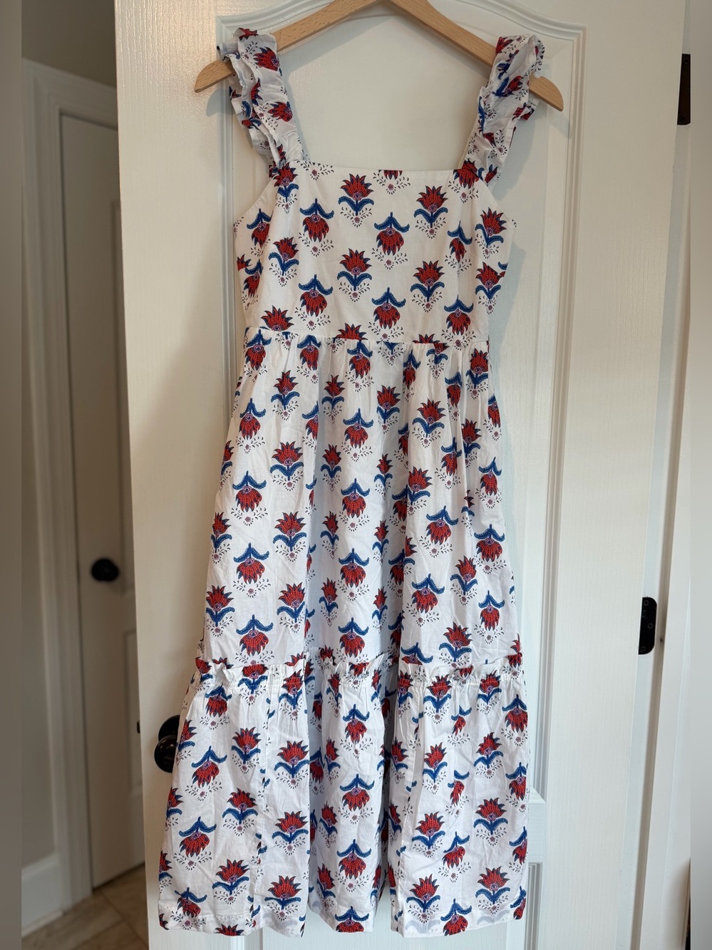 J. Crew White Tiered Sundress with Red and Blue Floral Print